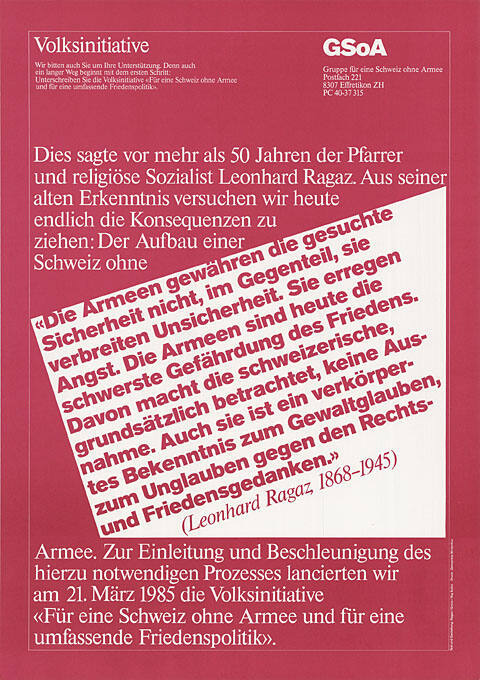 Volksinitiative GSoA, «Die Armeen […] verbreiten Unsicherheit […]» (Leonhard Ragaz, 1868–1945), Für eine Schweiz ohne Armee und für eine umfassende Friedenspolitik