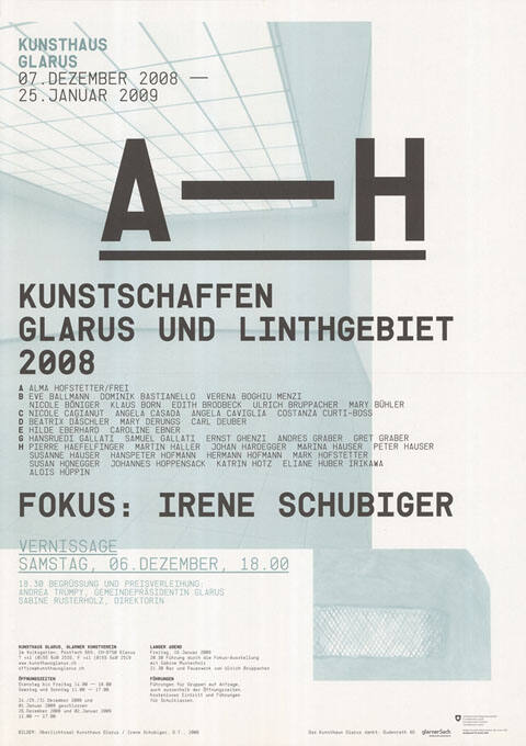 A–H, Kunstschaffen Glarus ind Linthgebiet 2008, Fokus: Irene Schubiger, Kunsthaus Glarus