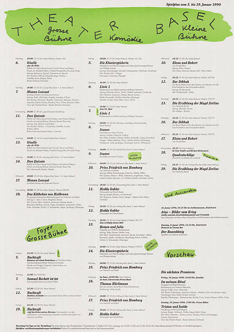 Theater Basel, Grosse Bühne, Komödie, Kleine Bühne, Spielplan vom 5. bis 19. Januar 1990