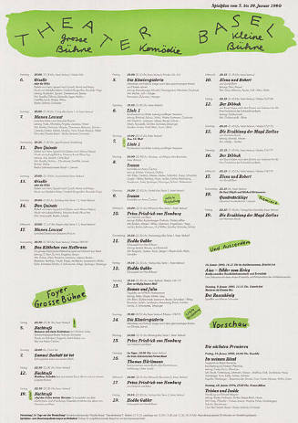 Theater Basel, Grosse Bühne, Komödie, Kleine Bühne, Spielplan vom 5. bis 19. Januar 1990