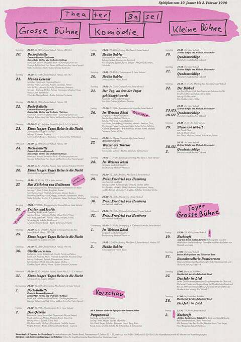 Theater Basel, Grosse Bühne, Komödie, Kleine Bühne, Spielplan vom 19. Januar bis 2. Februar 1990