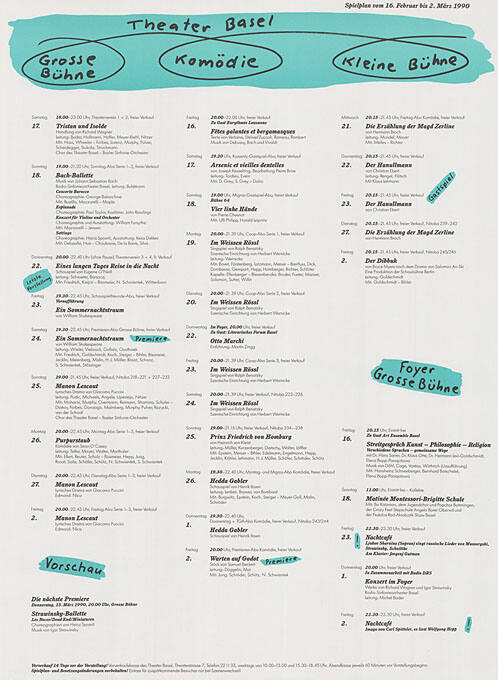 Theater Basel, Grosse Bühne, Komödie, Kleine Bühne, Spielplan vom 16. Februar bis 2. März 1990