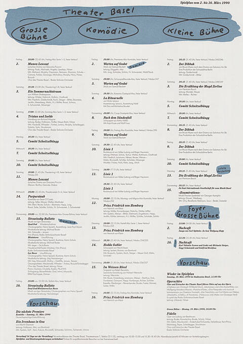 Theater Basel, Grosse Bühne, Komödie, Kleine Bühne, Spielplan vom 2. bis 16. März 1990