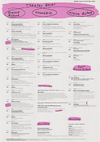 Theater Basel, Grosse Bühne, Komödie, Kleine Bühne, Spielplan vom 16. bis 30. März 1990