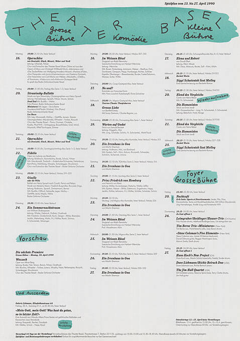 Theater Basel, Grosse Bühne, Komödie, Kleine Bühne, Spielplan vom 13. bis 27. April 1990