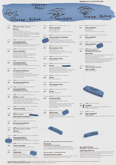 Theater Basel, Grosse Bühne, Komödie, Kleine Bühne, Spielplan vom 11. bis 25. Mai 1990