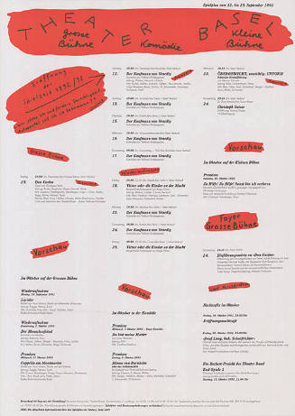 Theater Basel, Grosse Bühne, Komödie, Kleine Bühne, Spielplan vom 12. bis 25. September 1992