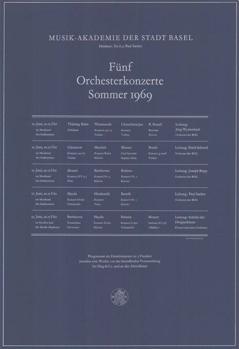 Fünf Orchesterkonzerte Sommer 1969, Musik-Akademie der Stadt Basel