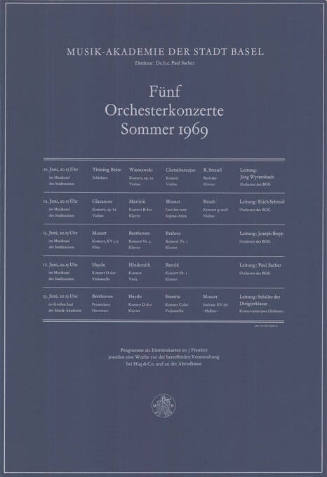 Fünf Orchesterkonzerte Sommer 1969, Musik-Akademie der Stadt Basel