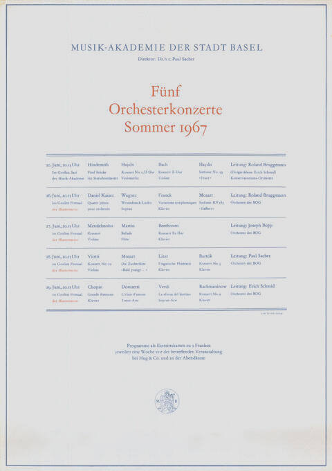 Fünf Orchesterkonzerte Sommer 1967, Musik-Akademie der Stadt Basel