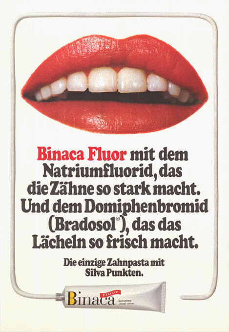 Binaca Fluor mit dem Natriumflorid, das die Zähne so stark macht. Und dem Domiphenbromid (Bradosol), das das Lächeln so frisch macht.