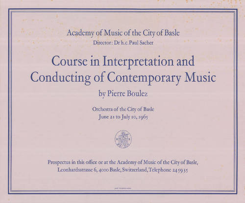 Course in Interpretation and Conducting of Contemporary Music, Pierre Boulez, Academy of Music of the City of Basle, Orchestra of the City of Basle