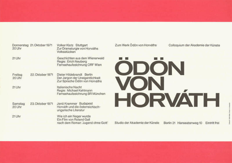 Ödön von Horváth, Studio der Akademie der Künste, Berlin