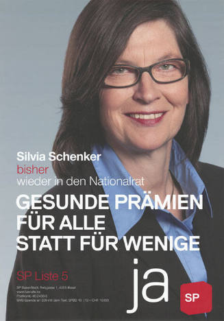 Silvia Schenker, wieder in den Nationalrat, Gesunde Prämien für alle statt für wenige, SP Liste 5, Ja SP