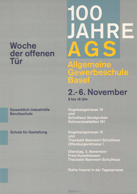 100 Jahre AGS, Allgemeine Gewerbeschule Basel, Woche der offenen Tür, Gewerblich-industrielle Berufsschule, Schule für Gestaltung