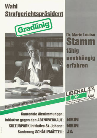 Wahl Strafgerichtspräsident, Gradlinig, Dr. Maria Louise Stamm,: Initiative gegen den Abendverkauf: Nein, Kulturpark Initiative St. Johann: Nein, Sanierung Schällemätteli: Ja