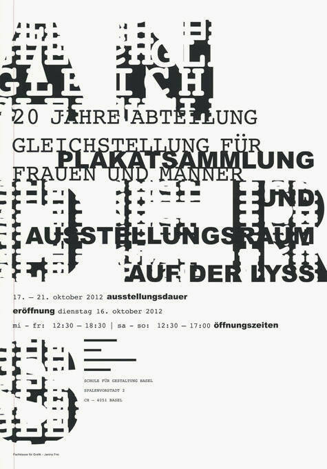 Gleich, Anders, 20 Jahre Abteilung Gleichstellung von Frauen und Männern, Plakatsammlung, Ausstellungsraum auf der Lyss, Basel