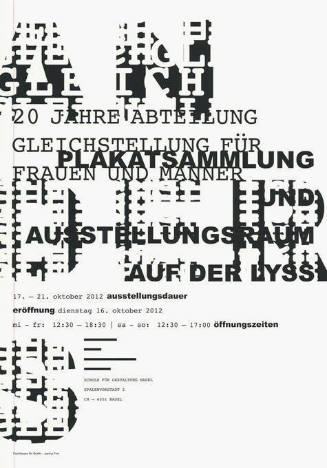 Gleich, Anders, 20 Jahre Abteilung Gleichstellung von Frauen und Männern, Plakatsammlung, Ausstellungsraum auf der Lyss, Basel