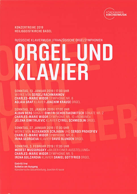 Förderkreis Kirchenmusik, Konzertreihe 2019, Heiliggeistkirche Basel, Orgel und Klavier