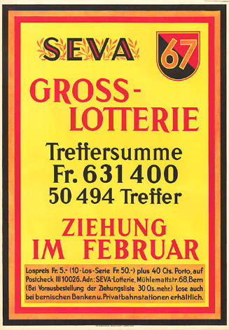 Seva 67, Gross-Lotterie, Treffersumme Fr. 631 400, 50 494 Treffer, Ziehung im Februar