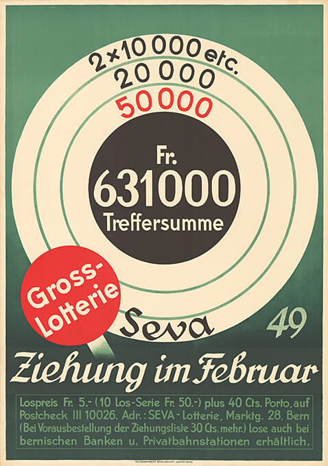 Fr. 631'000 Treffersumme, Gross-Lotterie, Seva 49, Ziehung im Februar