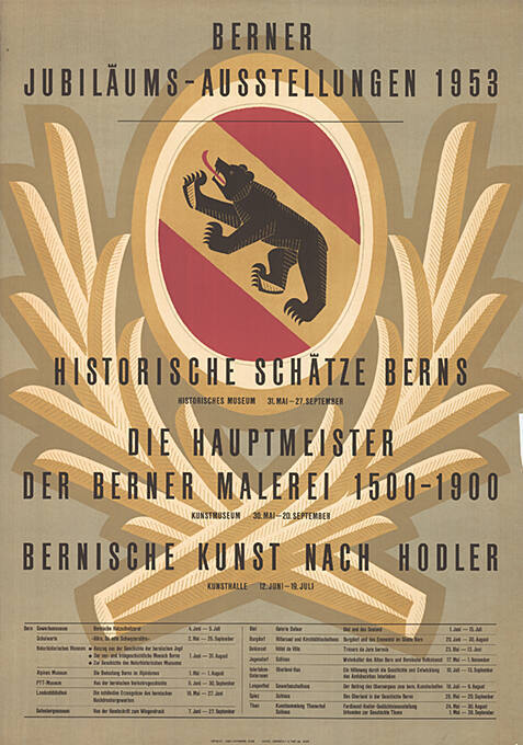 Berner Jubiläums-Ausstellungen 1953, Historische Schätze Berns, Die Hauptmeister der Berner Malerei 1500–1900, Bernische Kunst nach Hodler, Historisches Museum, Kunstmuseum, Kunsthalle