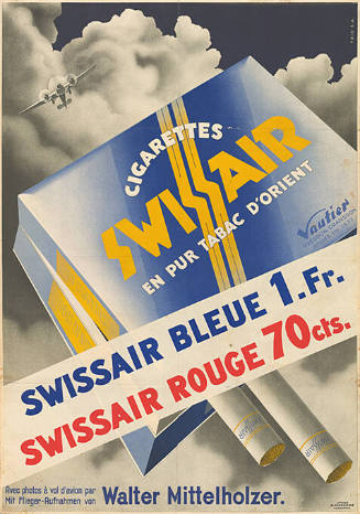 Cigarettes Swissair en pur tabac d’orient, Swissair bleue 1. Fr. Swissair rouge 70 cts.