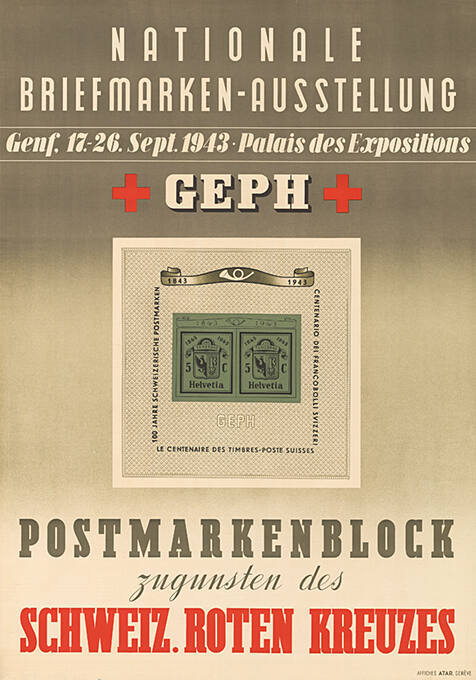 Nationale Briefmarken-Ausstellung, GEPH, Postmarkenblock zugunsten des Schweizerischen Roten Kreuzes, Palais des Expositions, Genf