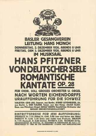 Hans Pfitzner, Von deutscher Seele, Romantische Kantate, Basler Gesangverein im Musiksaal