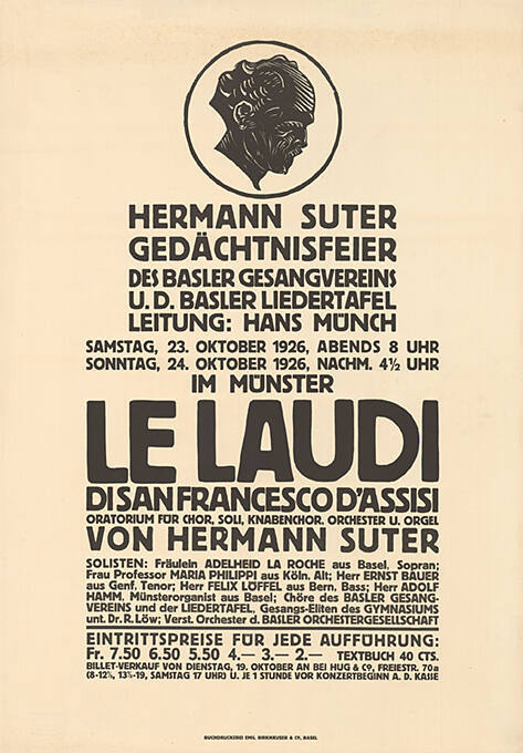 Le Laudi, di San Francesco d’Assisi, Hermann Suter Gedächtnisfeier des Basler Gesangvereins u. d. Basler Liedertafel, im Münster