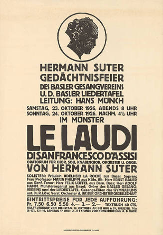 Le Laudi, di San Francesco d’Assisi, Hermann Suter Gedächtnisfeier des Basler Gesangvereins u. d. Basler Liedertafel, im Münster