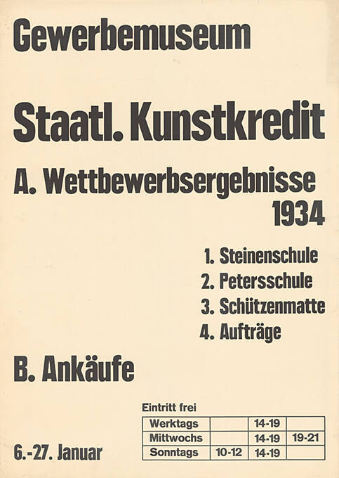 Staatl. Kunstkredit, A. Wettbewerbsergebnisse, B. Ankäufe, Gewerbemuseum Basel