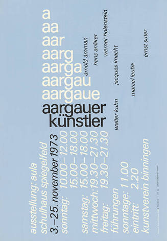 Aargauer Künstler, Arnold Amman, Hans Anliker, Werner Holenstein, Jacques Knecht, Walter Kuhn, Marcel Leuba, Ernst Suter, Schulhaus Spiegelfeld, Kunstverein Binningen