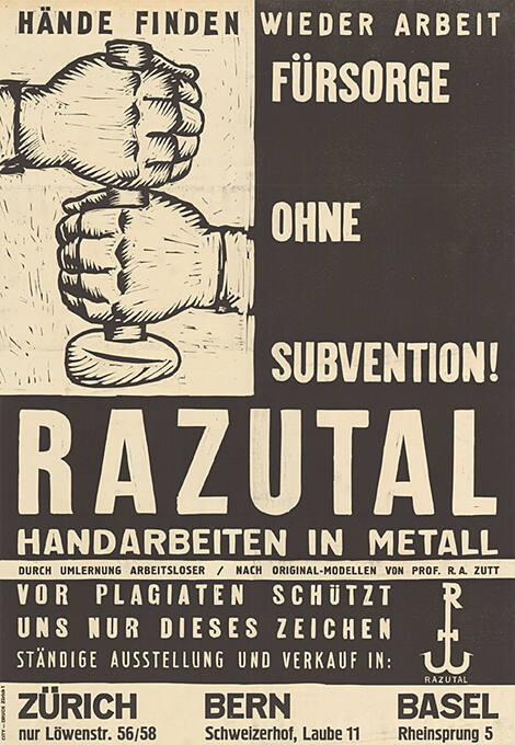 Hände finden wieder Arbeit, Fürsorge ohne Subention! Razutal, Handarbeiten in Metall, Zürich, Bern, Basel