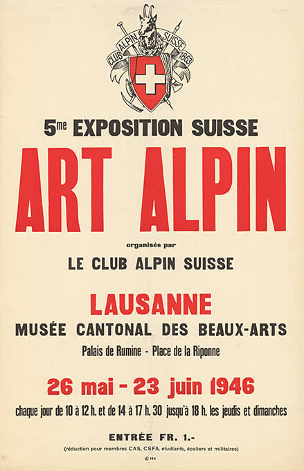 5ème Exposition Suisse, Art Alpin, Musée Cantonale des Beaux-Arts, Lausanne