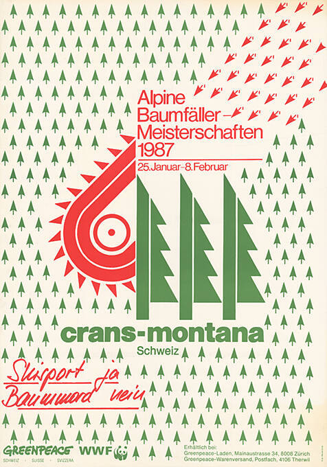 Alpine Baumfäller-Meisterschaten 1987, Crans-Montana, Skisport Ja, Baummord Nein, Greenpeace, WWF