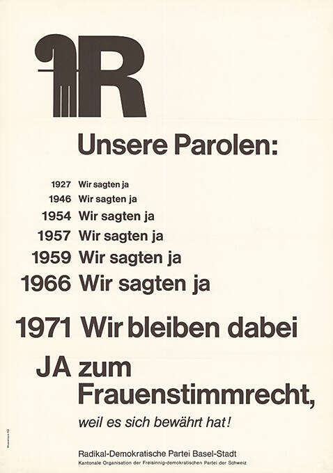 Unsere Parolen: […] Wir bleiben dabei, Ja zum Frauenstimmrecht