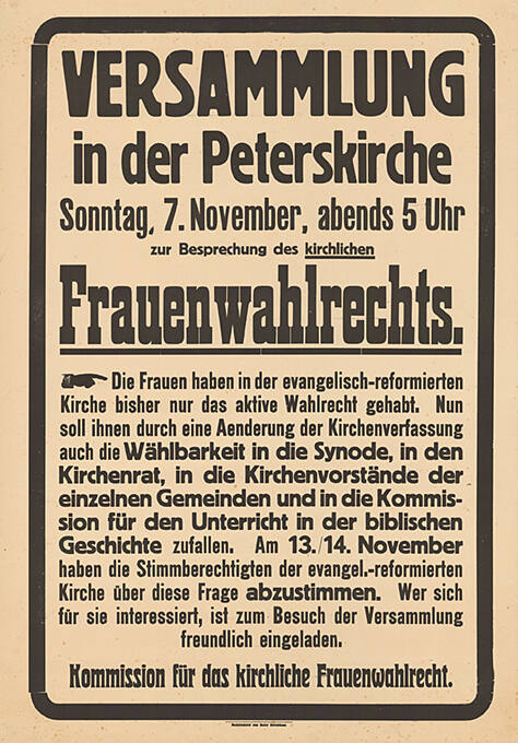 Versammlung in der Peterskirche zur Besprechung des kirchlichen Frauenwahlrechts. Kommission für das kirchliche Frauenwahlrecht.