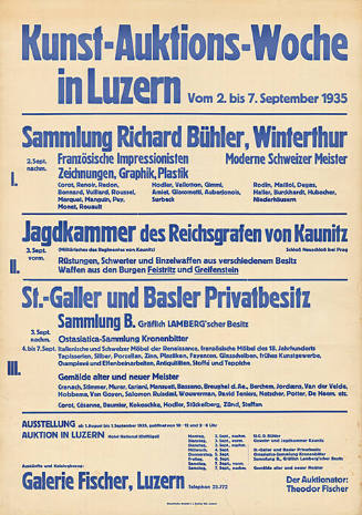 Kunst-Auktions-Woche in Luzern, Sammlung Richard Bühler, Winterthur, Jagdkammer des Reichsgrafen von Kaunitz, St.-Galler und Basler Privatbesitz, Galerie Fischer, Luzern