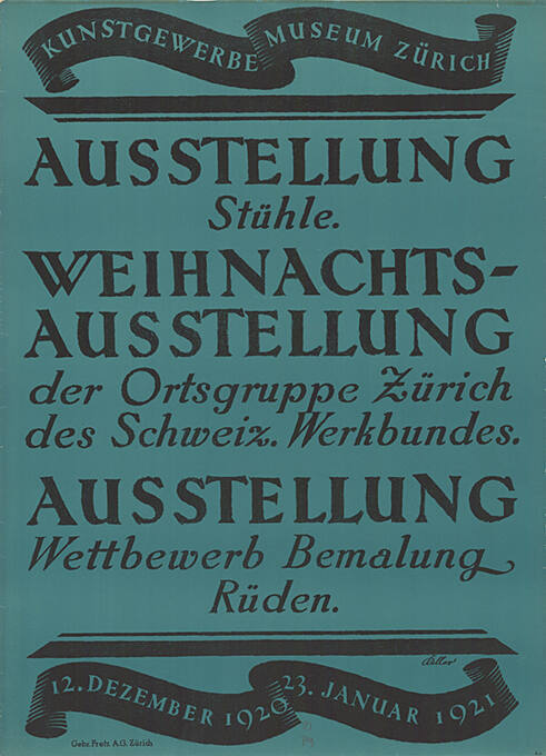 Ausstellung Stühle. Weihnachtsausstellung der Ortsgruppe Zürich des Schweiz. Werkbundes. Ausstellung, Wettbewerb, Bemalung, Rüden. Kunstgewerbemuseum Zürich