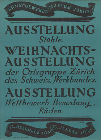 Ausstellung Stühle. Weihnachtsausstellung der Ortsgruppe Zürich des Schweiz. Werkbundes. Ausstellung, Wettbewerb, Bemalung, Rüden. Kunstgewerbemuseum Zürich