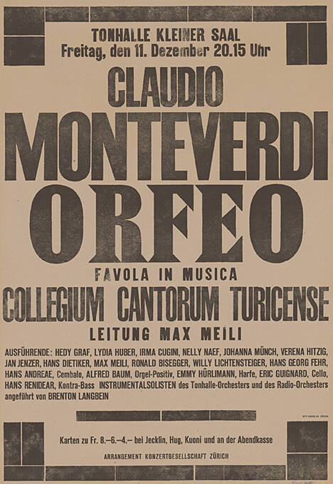 Claudio Monteverdi, Orfeo, Collegium Cantorum Turicense, Tonhalle Zürich