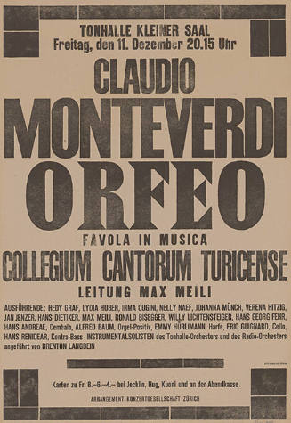 Claudio Monteverdi, Orfeo, Collegium Cantorum Turicense, Tonhalle Zürich