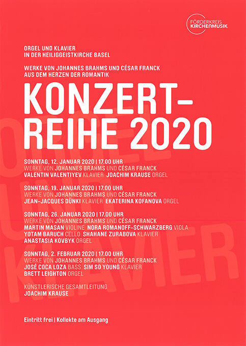 Konzertreihe 2020, Förderkreis Kirchenmusik, Heiliggeistkirche Basel