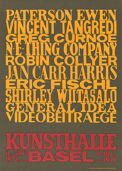 Paterson Ewen, Vincent Tangredi, Greg Curnoe, N.E. Thing Company, Robin Collyer, Jan Carr Harris, Eric Fischl, Shirley Wiitasalo, General Idea, Videobeiträge, Kunsthalle Basel