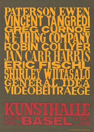 Paterson Ewen, Vincent Tangredi, Greg Curnoe, N.E. Thing Company, Robin Collyer, Jan Carr Harris, Eric Fischl, Shirley Wiitasalo, General Idea, Videobeiträge, Kunsthalle Basel