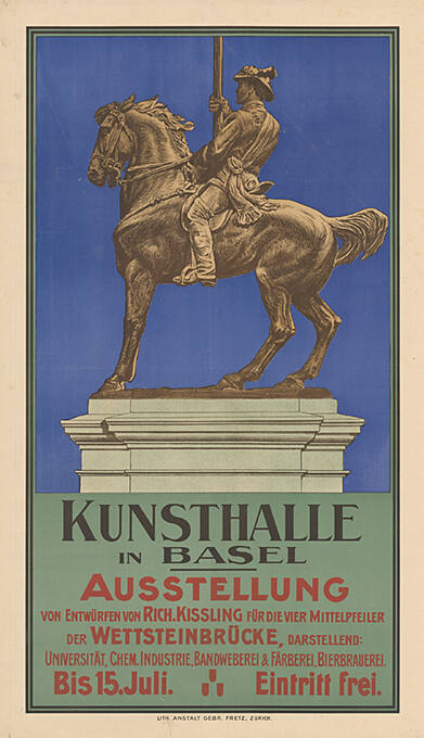 Kunsthalle in Basel, Ausstellung von Entwürfen von Rich. Kissling für die vier Mittelpfeiler der Wettsteinbrücke, Darstellend: Universität, Chem. Industrie, Bandweberei & Färberei, Bierbrauerei.