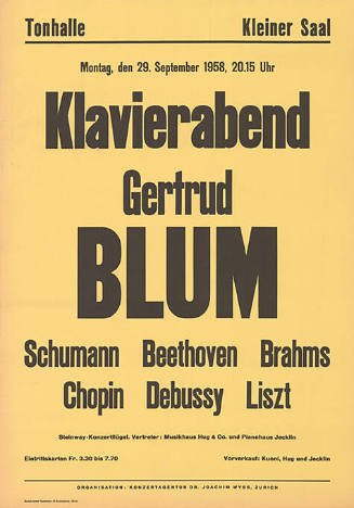 Klavierabend, Gertrud Blum, Tonhalle, Zürich