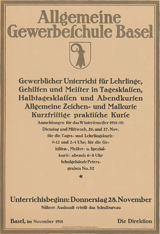 Allgemeine Gewerbeschule Basel, Gewerblicher Unterricht für Lehrlinge, Gehilfen und Meister in Tagesklassen, Halbtagesklassen und Abendkursen, Allgemeine Zeichen- und Malkurse, Kurzfristige praktische Kurse