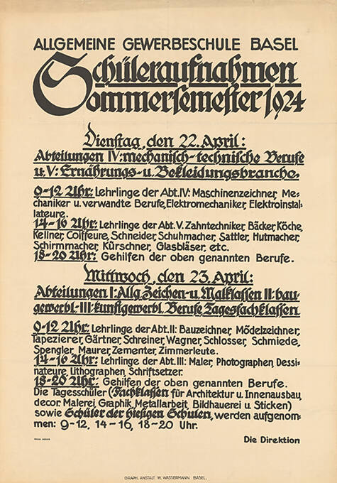 Allgemeine Gewerbeschule Basel, Schüleraufnahmen, Sommersemester 1924